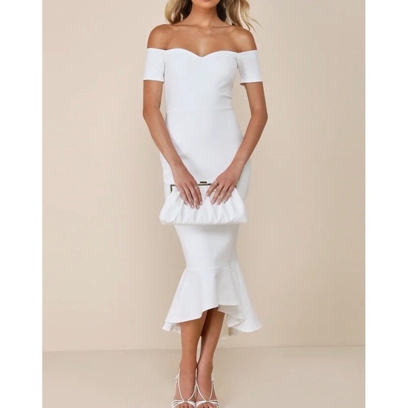 Lulus Dresses & Skirts - NWOT Lulus How Much I Care Ivory Off-the-Shoulder Midi Dress M Wedding Bridal
